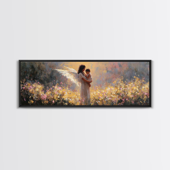 Glowing Angel Mother And Child In Flower Field Wall Art, Impressionist Framed Canvas Print, Christian Nursery Decor Gift