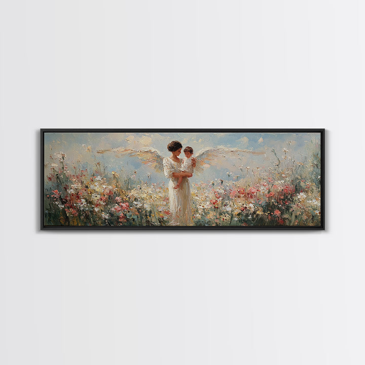 Angel Mother And Child Among White Flowers Framed Canvas Print, Christian Wall Art, Guardian Angel Nursery Decor, Gift For Mom