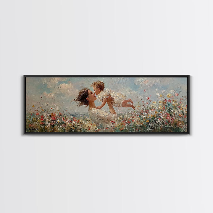 Mother And Baby In Wildflower Meadow Framed Canvas Print, Impressionist Nursery Wall Art, Gift For Mom, Bedroom Wall Decor
