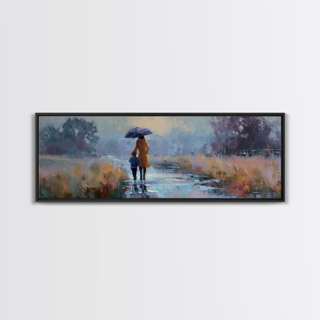 Mother And Child Walking In Rain With Blue Umbrella Framed Canvas Print, Moody Landscape Wall Art, Office Decor, Housewarming Gift