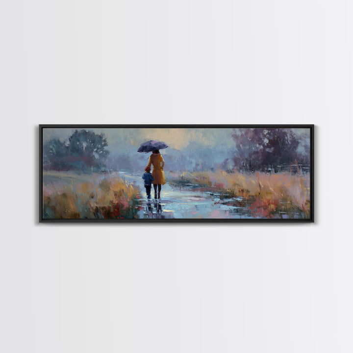 Mother And Child Walking In Rain With Blue Umbrella Framed Canvas Print, Moody Landscape Wall Art, Office Decor, Housewarming Gift