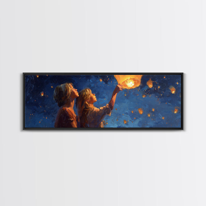 Girls Releasing Lanterns At Starry Night Canvas Print, Celestial Wall Art, Whimsical Decor, Bedroom Decor, Gift For Her, Home Decor