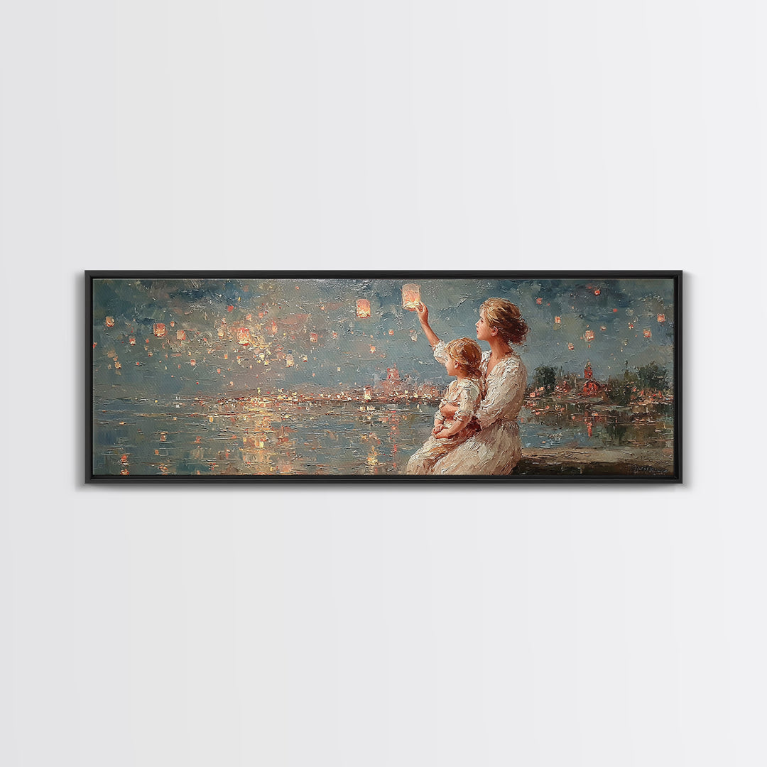 Mother And Baby Lantern Festival Framed Canvas Print, Coastal Wall Art, Romantic Decor, Nursery Art, Housewarming Gift For Her