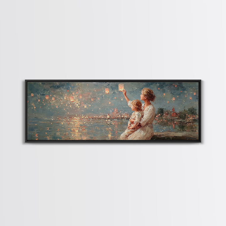 Mother And Baby Lantern Festival Framed Canvas Print, Coastal Wall Art, Romantic Decor, Nursery Art, Housewarming Gift For Her