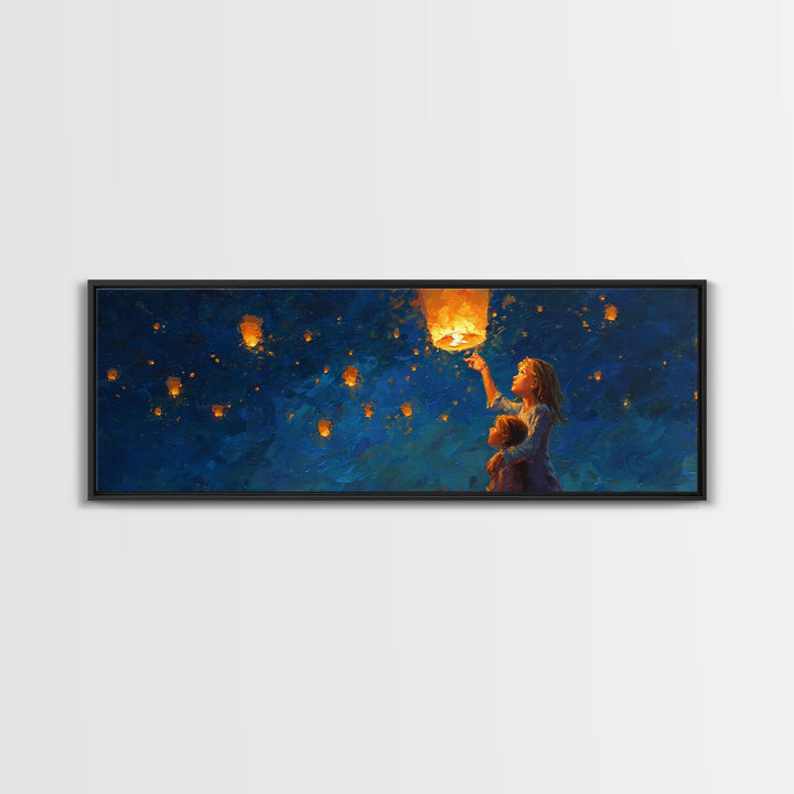 Children Lifting Glowing Sky Lantern Canvas Print, Celestial Wall Art, Kids Room Decor, Whimsical Decor, Nursery Art, Gift For Kids