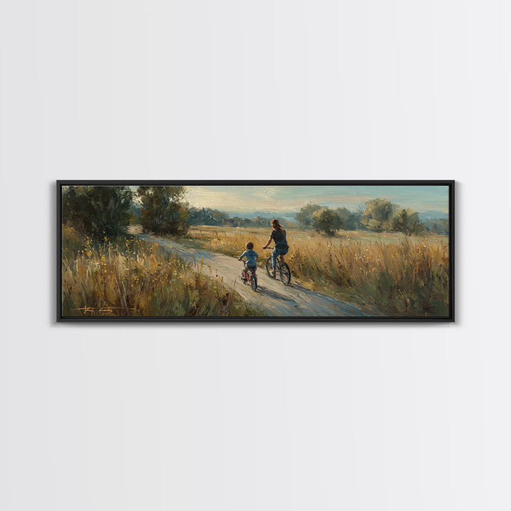 Mother And Child Biking Golden Meadow Canvas Print, Country Landscape Wall Decor, Housewarming Gift, Farmhouse Home Decor