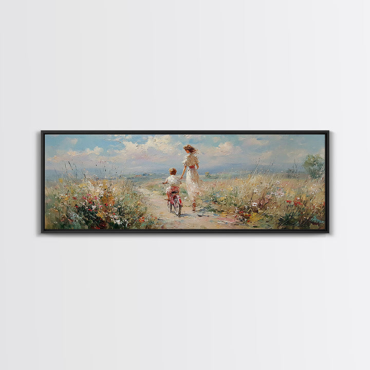 Windy Coastal Bike Ride With Child Canvas Print, Wildflower Meadow Wall Decor, Beach House Decor, Large Horizontal Art Print