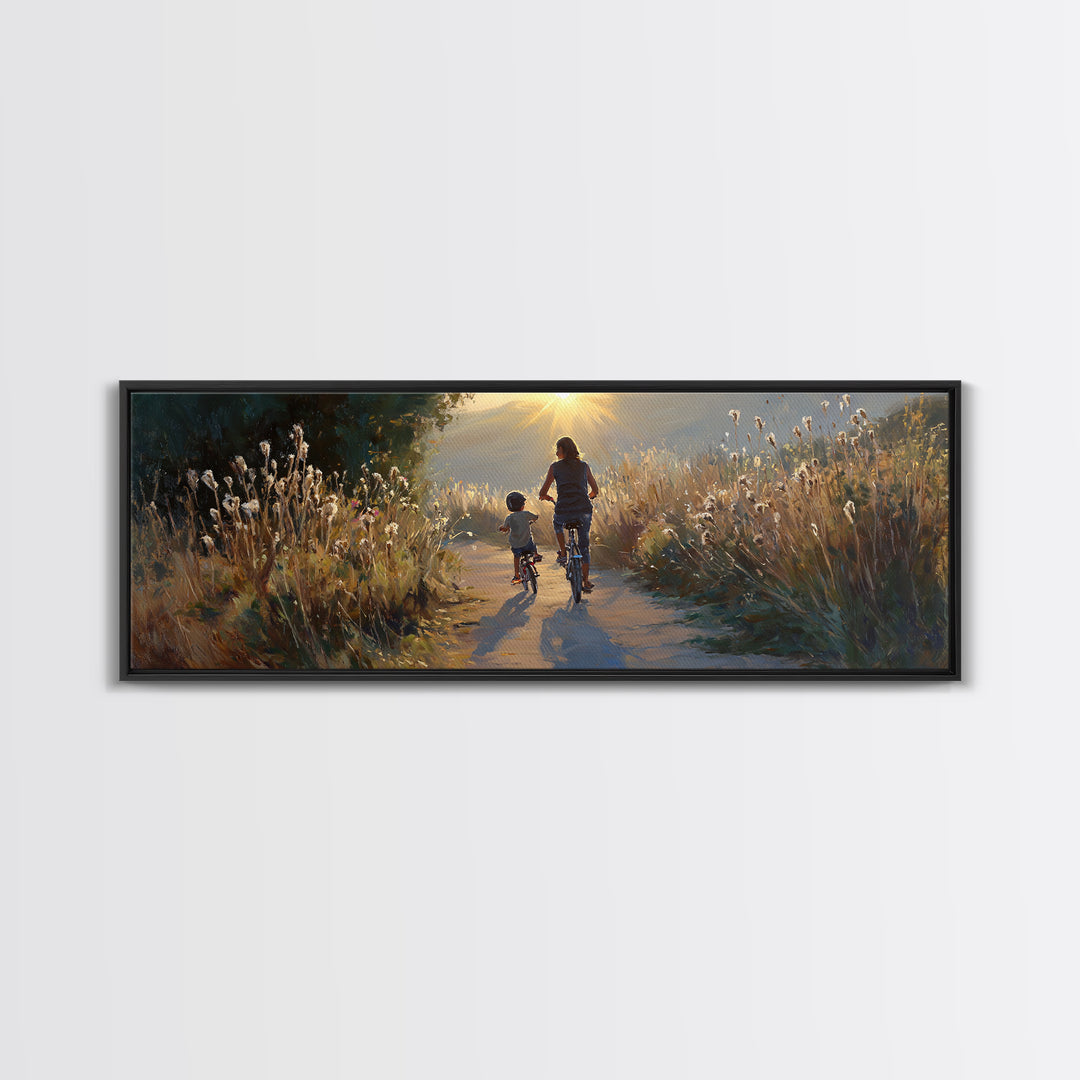 Sunlit Mother And Child Biking Path Framed Canvas Print, Golden Meadow Landscape, Living Room Wall Art, Housewarming Gift