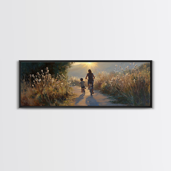 Sunlit Mother And Child Biking Path Framed Canvas Print, Golden Meadow Landscape, Living Room Wall Art, Housewarming Gift