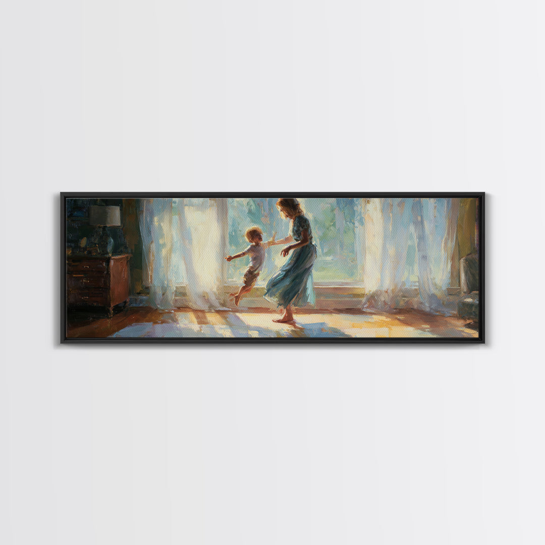 Mother And Child Dancing In Sunlit Room Canvas Print, Warm Window Light, Family Wall Decor, Bedroom Art, Gift For Her, Home Decor