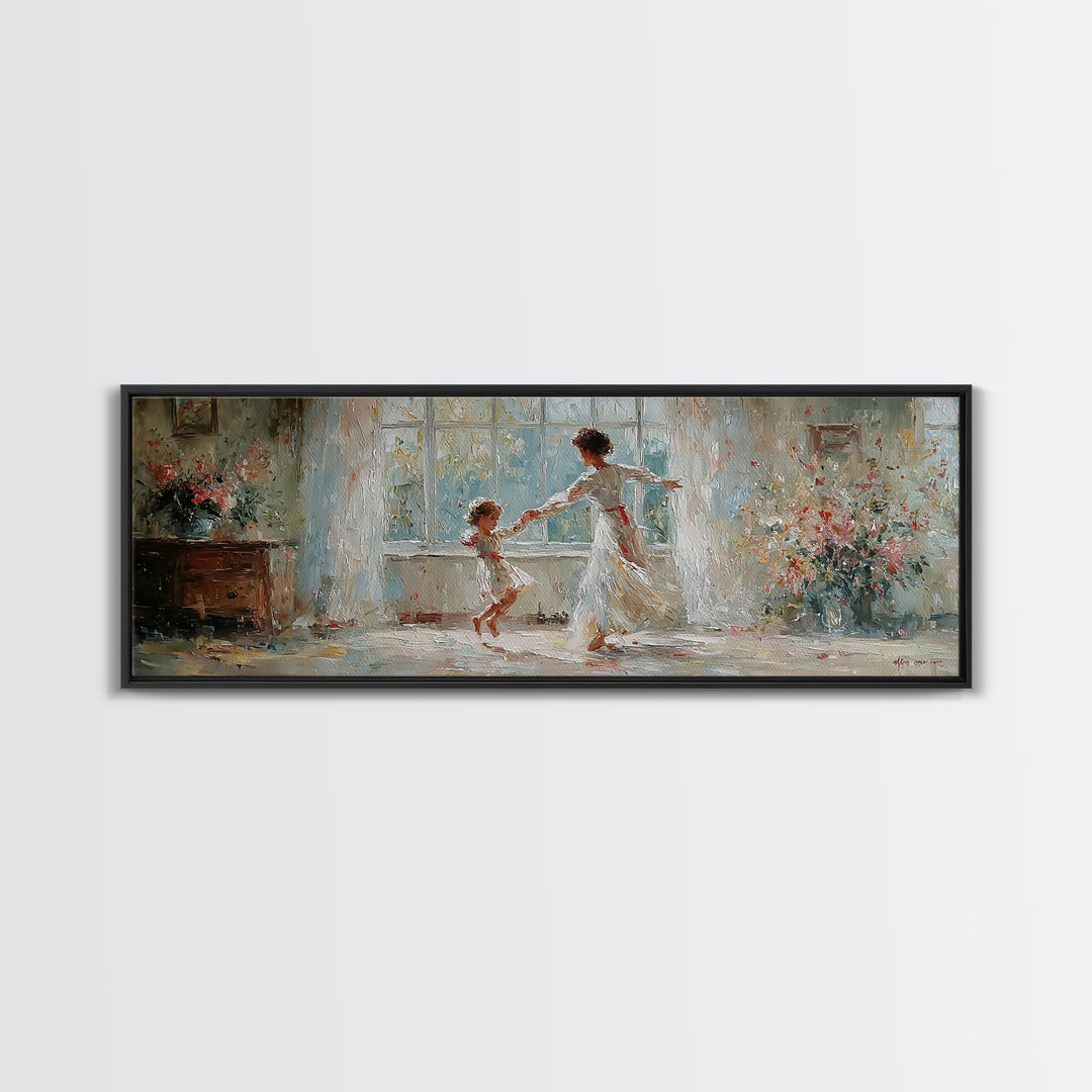Mother And Daughter Dancing In White Dress Wall Art, Floral Window Interior, Feminine Wall Decor, Fine Art Print, Bedroom Decor