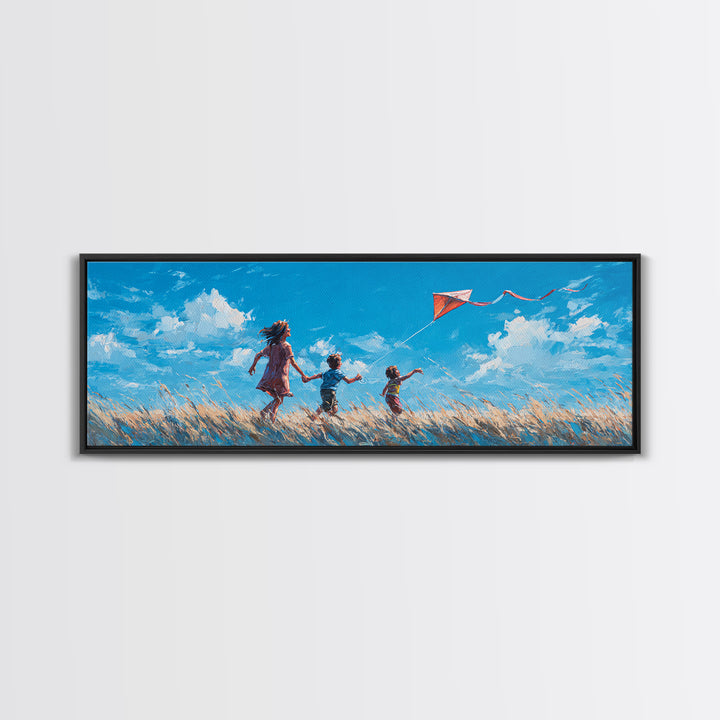 Children Flying Red Kite In Sunny Meadow Wall Art, Whimsical Nursery Decor, Kids Room Art, Summer Landscape Print, Home Decor