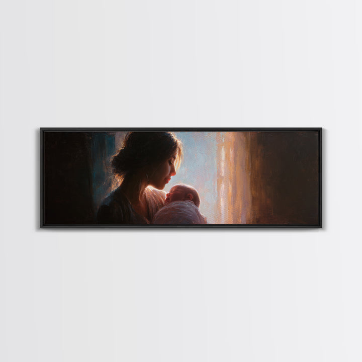 Mother Holding Newborn By Window Wall Art, Tender Motherhood Canvas Print, Baby Nursery Decor, Gift For Mom, Fine Art Print