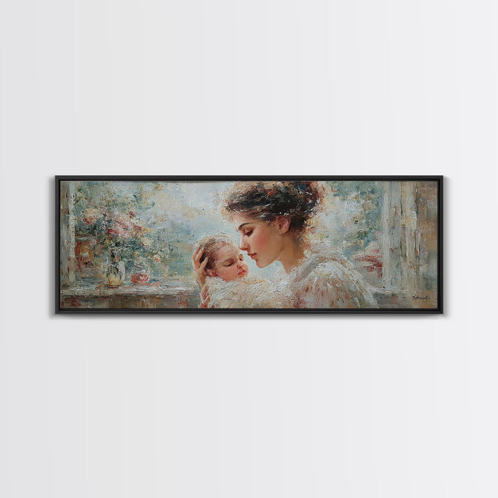 Mother Cuddling Sleeping Baby Near Window Wall Art, Impressionist Motherhood Canvas Print, Floral Nursery Decor, Gift For Mom