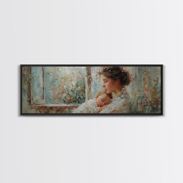Mother Holding Sleeping Baby By Floral Window Framed Canvas Print, Tender Nursery Wall Art, Motherhood Decor, Gift For Mom