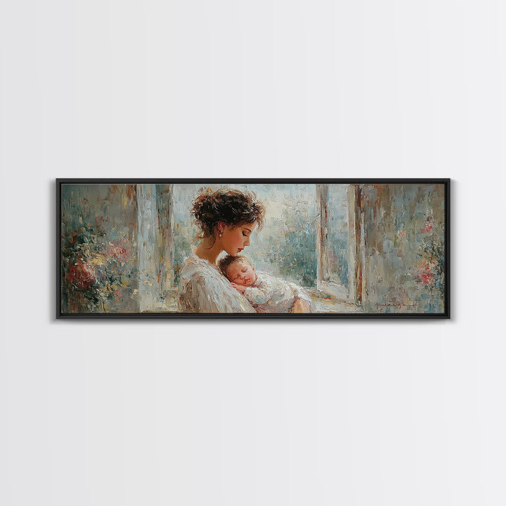 Mother And Sleeping Baby In Floral Window Canvas Print, Soft Motherhood Wall Art, Nursery Decor, Gift For Mom, Fine Art Print