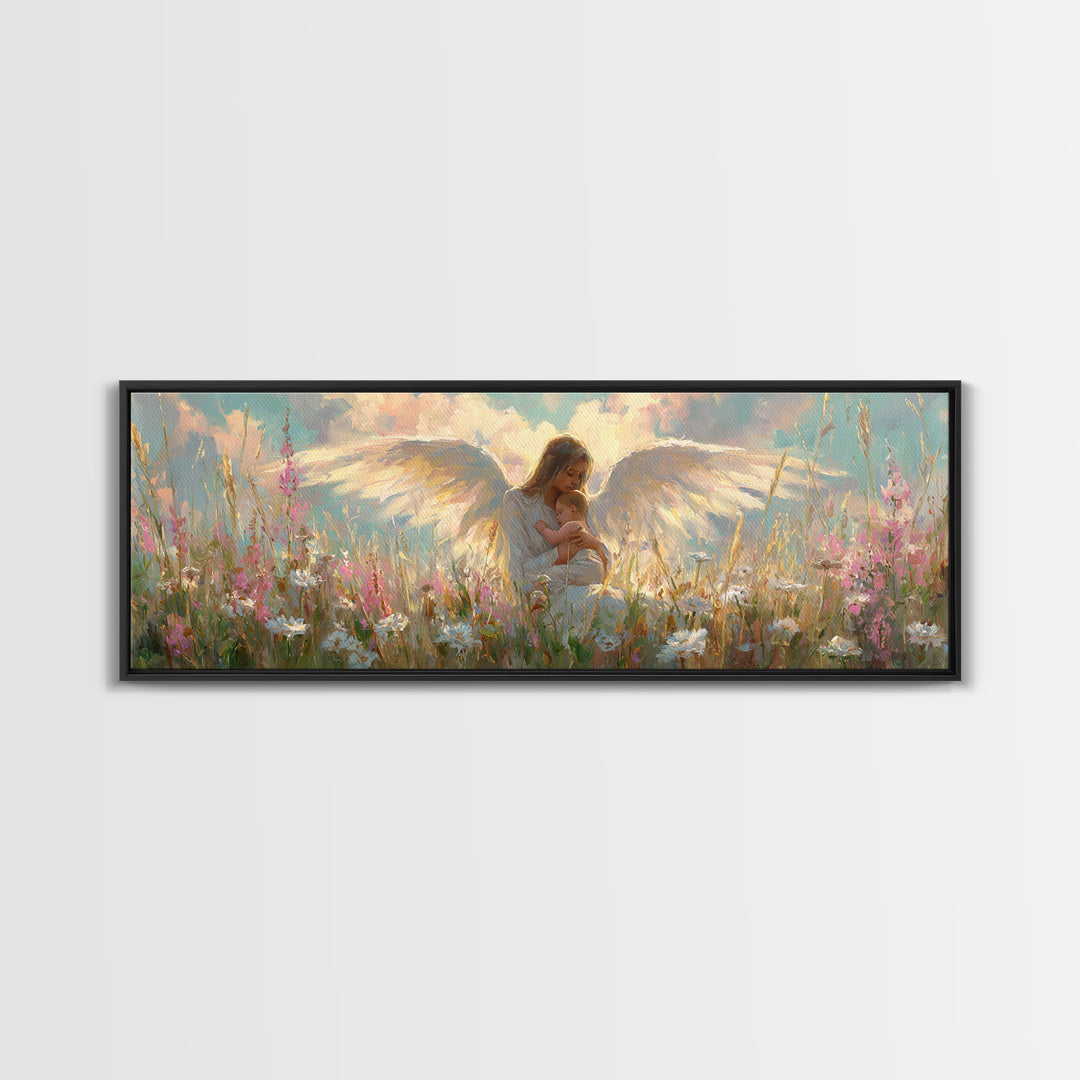 Angel Mother And Child In Wildflower Meadow Wall Art, Christian Nursery Decor, Feminine Spiritual Gift For Her, Living Room Decor