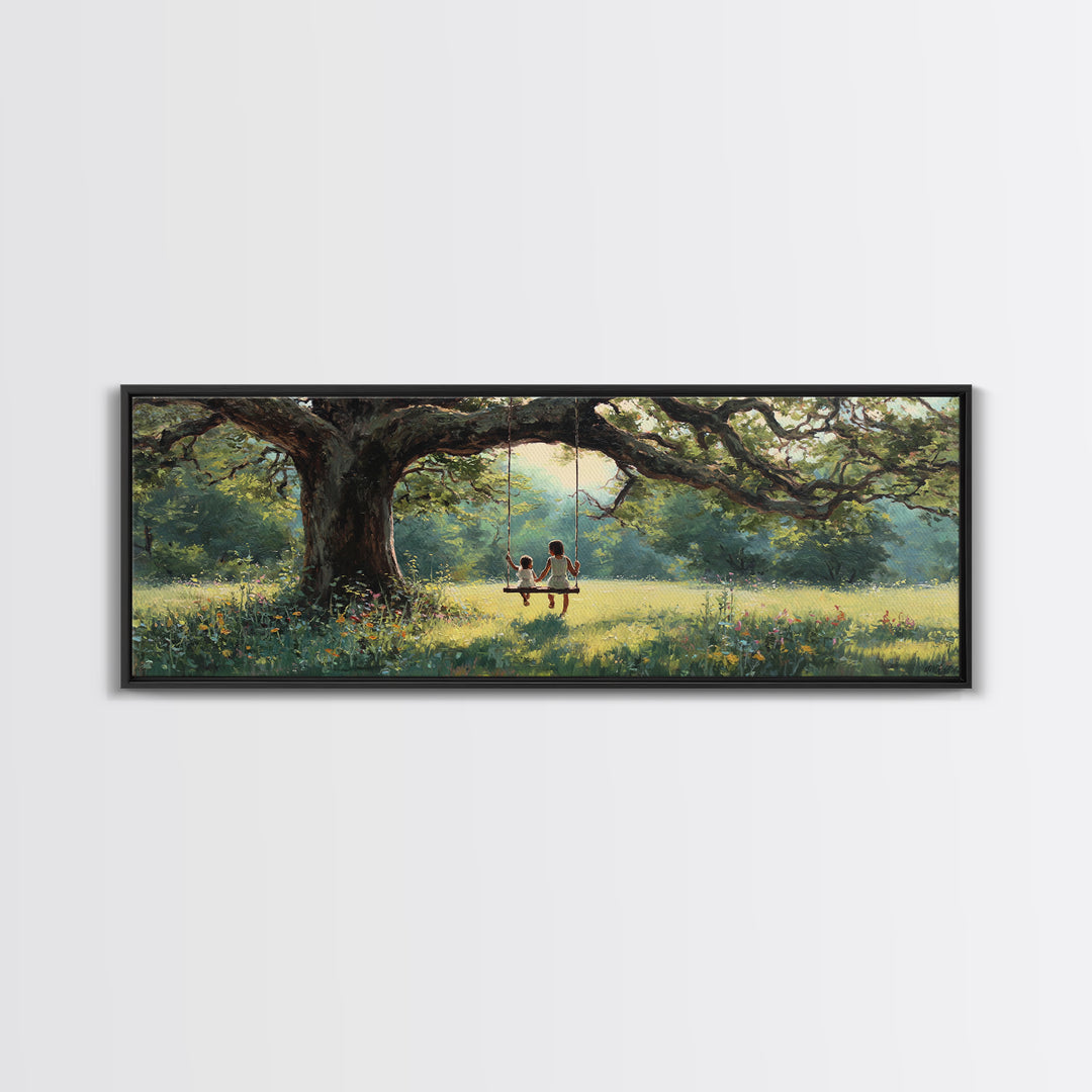 Children On Tree Swing Beneath Ancient Oak Wall Art, Whimsical Nursery Decor, Woodland Kids Room Art, Housewarming Gift Idea