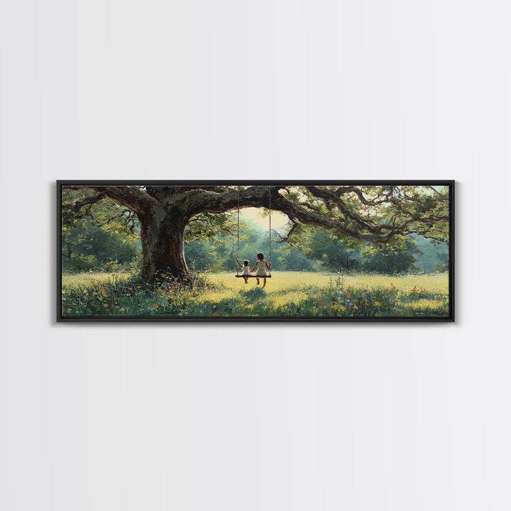 Children On Tree Swing Beneath Ancient Oak Wall Art, Whimsical Nursery Decor, Woodland Kids Room Art, Housewarming Gift Idea