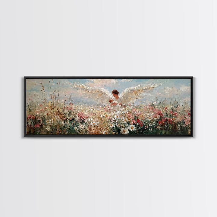 Angel Mother Holding Baby In Floral Meadow Framed Canvas Print, Christian Wall Art, Spiritual Nursery Decor, Gift For Her