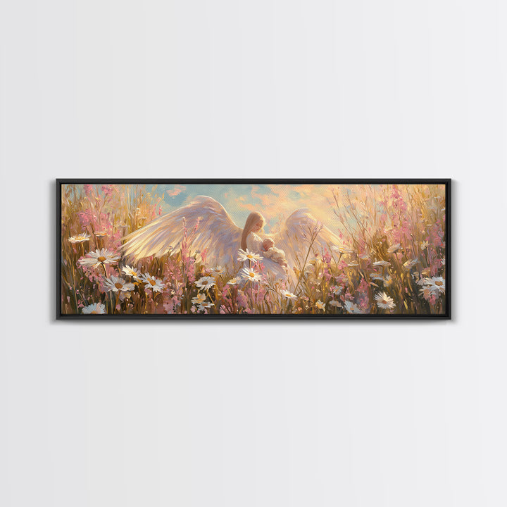 Guardian Angel Cradling Baby In Daisy Field Canvas Print, Christian Nursery Wall Art, Feminine Spiritual Home Decor, Gift For Her