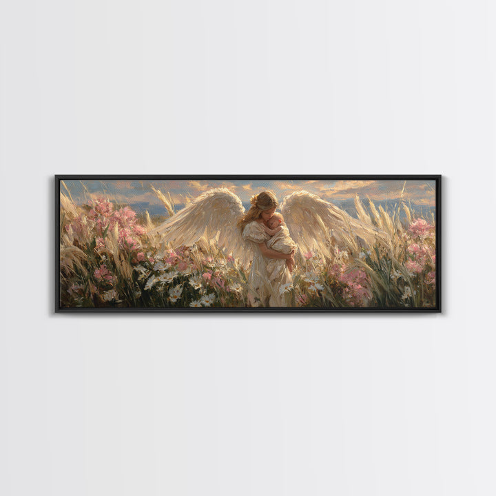Winged Angel Mother With Newborn At Sunset Wall Art, Christian Home Decor, Romantic Bedroom Art, Housewarming Gift For Mom