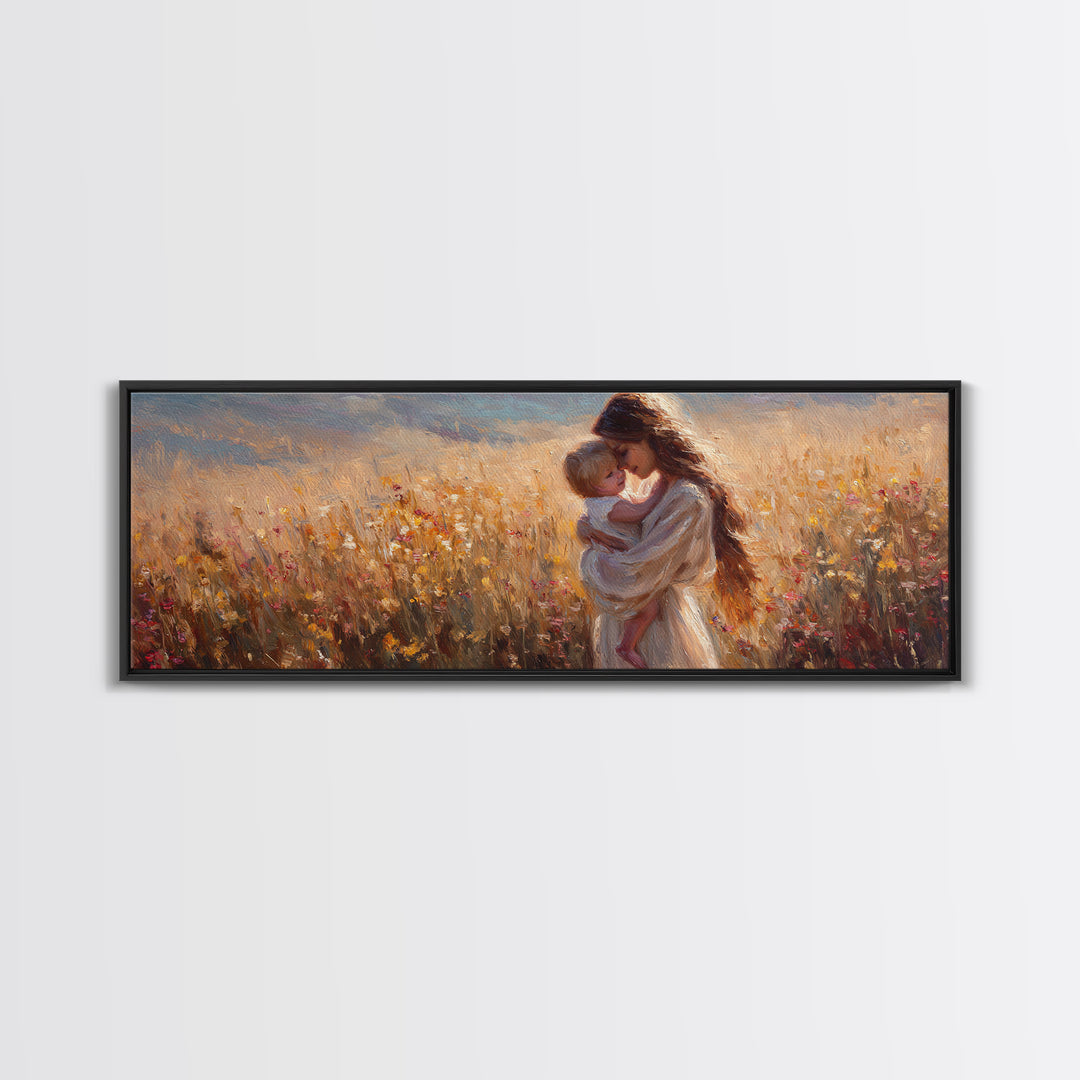 Golden Sunset Mother And Baby In Meadow Canvas Print, Romantic Wall Art, Feminine Bedroom Decor, Housewarming Gift For Her