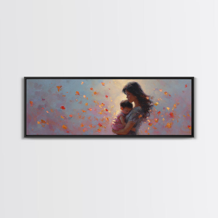 Mother And Child With Autumn Leaves Framed Canvas Print, Warm Nursery Wall Art, Feminine Home Decor, Gift For Mom And New Mom Gift