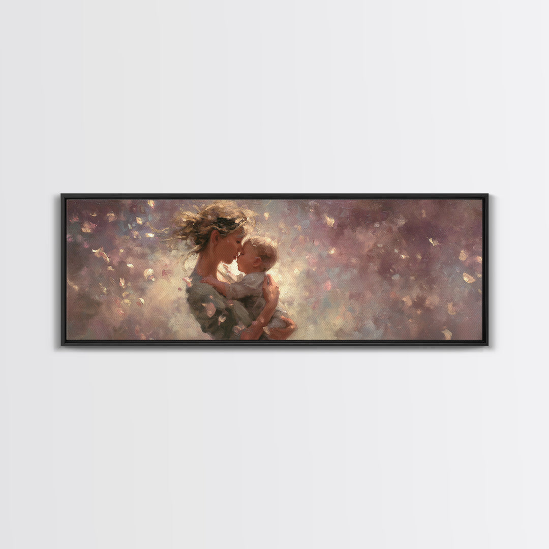 Mother And Baby Embrace In Dreamy Petals Wall Art, Impressionist Canvas Print, Romantic Nursery Decor, Gift For Mom, New Baby Gift