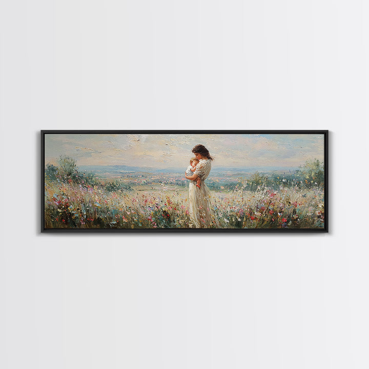 Mother Holding Baby In Hilltop Wildflower Meadow Wall Art, Panoramic Landscape Canvas Print, Nursery Decor, Gift For Mom