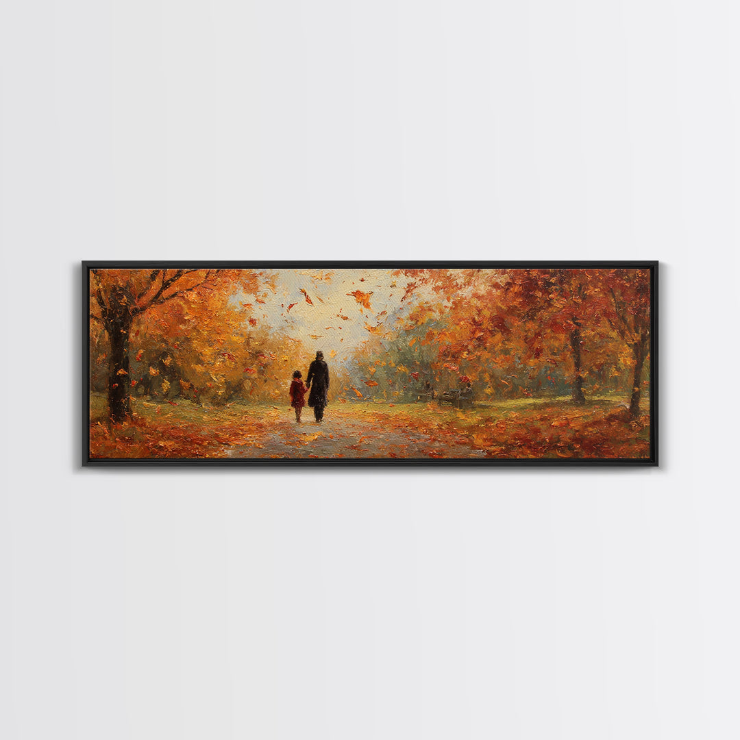 Parent And Child Strolling Golden Autumn Park Wall Art, Large Horizontal Canvas Print, Fall Landscape Decor, Housewarming Gift