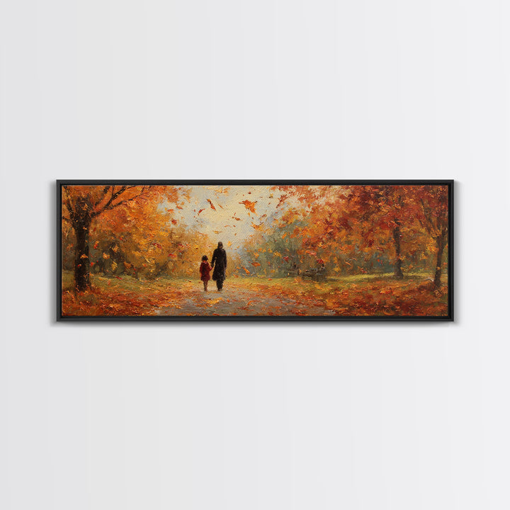 Parent And Child Strolling Golden Autumn Park Wall Art, Large Horizontal Canvas Print, Fall Landscape Decor, Housewarming Gift