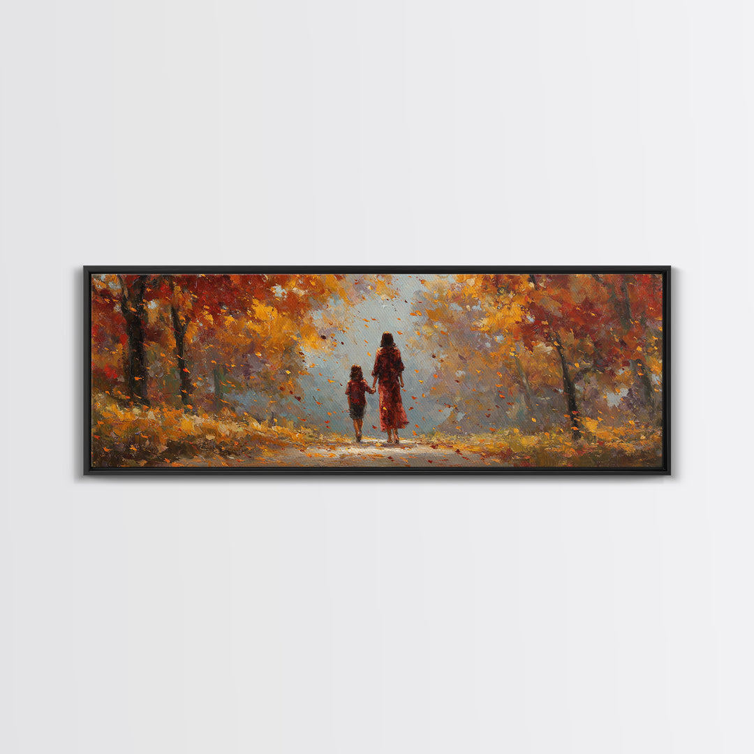 Mother And Daughter On Sunlit Autumn Path Wall Art, Warm Fall Landscape Canvas Print, Cozy Bedroom Decor, Gift For Her, Home Decor