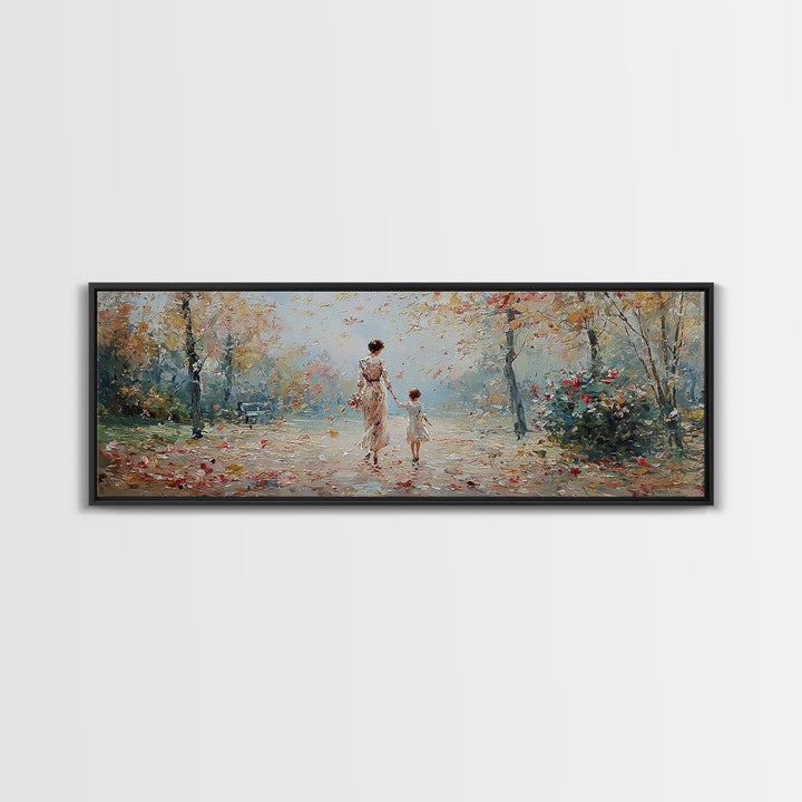 Mother And Child Walking In Soft Autumn Light Wall Art, Impressionist Canvas Print, Tranquil Landscape Decor, Gift For Mom