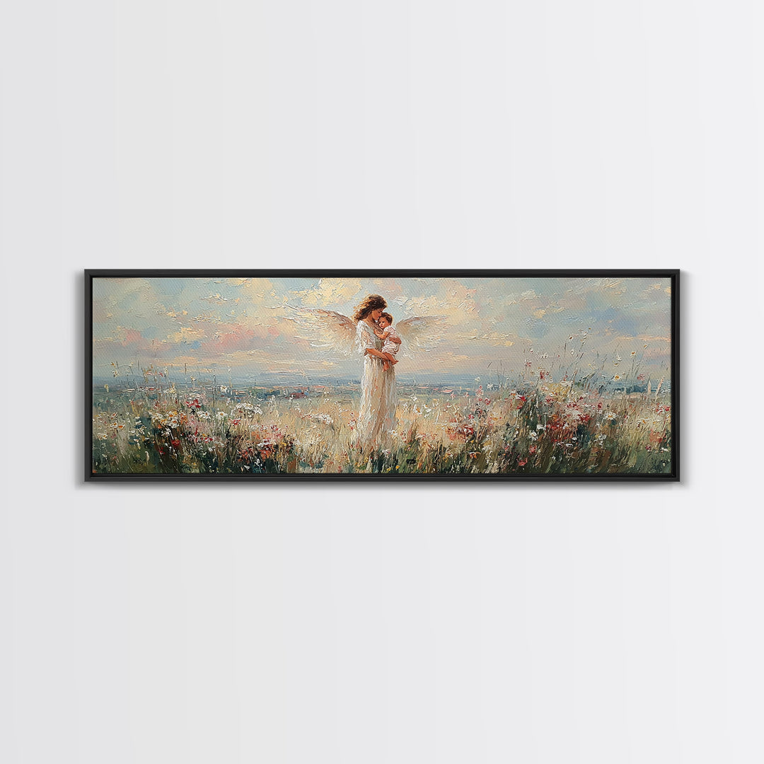Mother Holding Baby In Blooming Meadow Wall Art, Panoramic Canvas Print, Floral Nursery Decor, Gift For Mom, Above Bed Art