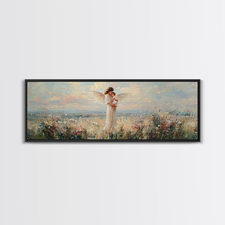 Mother Holding Baby In Blooming Meadow Wall Art, Panoramic Canvas Print, Floral Nursery Decor, Gift For Mom, Above Bed Art