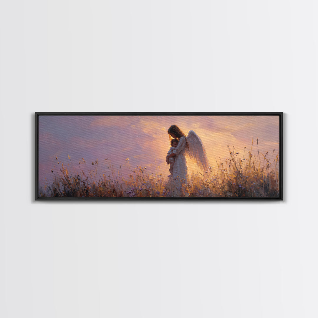 Guardian Angel Cradling Child In Golden Meadow Wall Art, Celestial Canvas Print, Spiritual Nursery Decor, Christian Gift