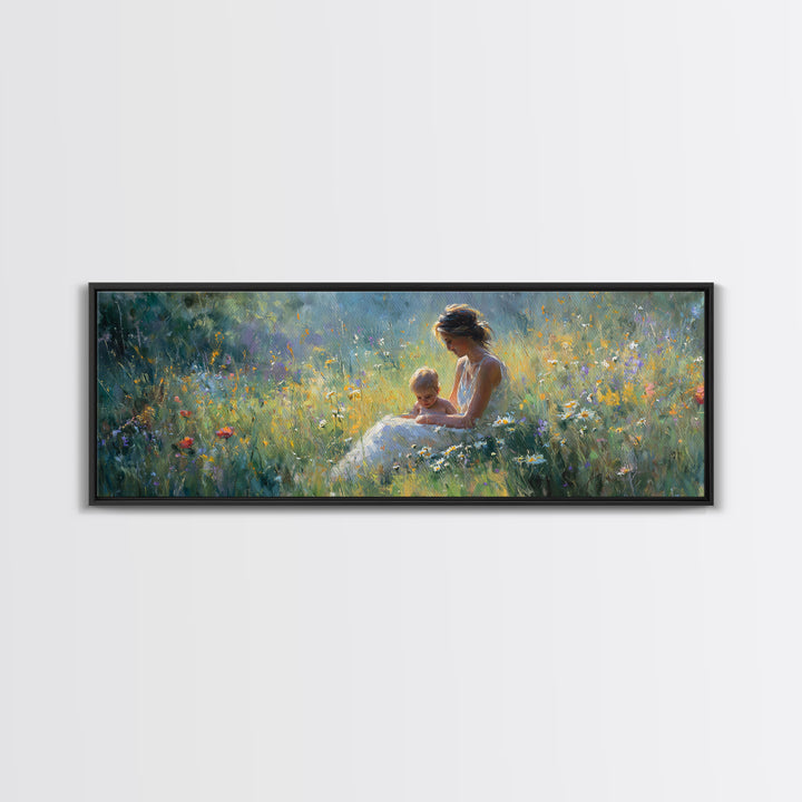 Sunlit Mother And Baby Meadow Wall Art, Impressionist Wildflower Landscape Print, Nursery Decor, Above Bed Canvas Home Decor