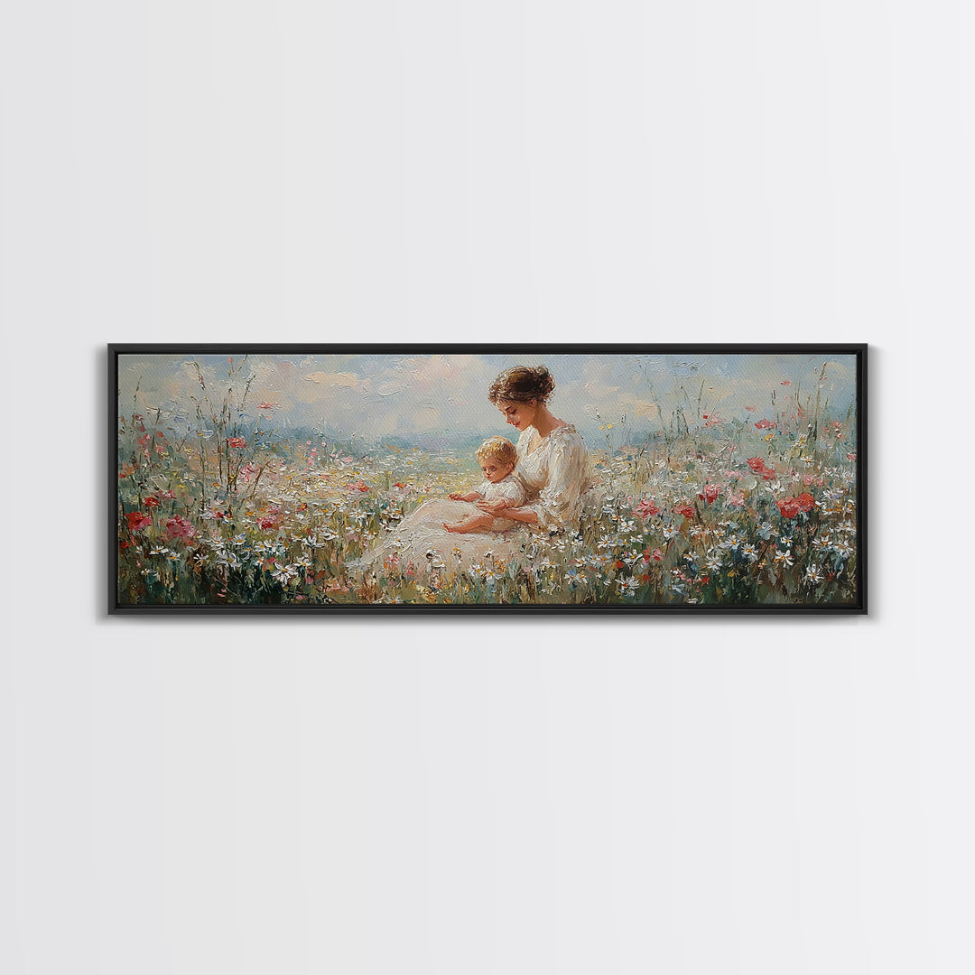 Sunlit Mother And Baby Wildflower Canvas Print, Impressionist Meadow Landscape, Feminine Nursery Wall Art Home Decor, Gift For Her