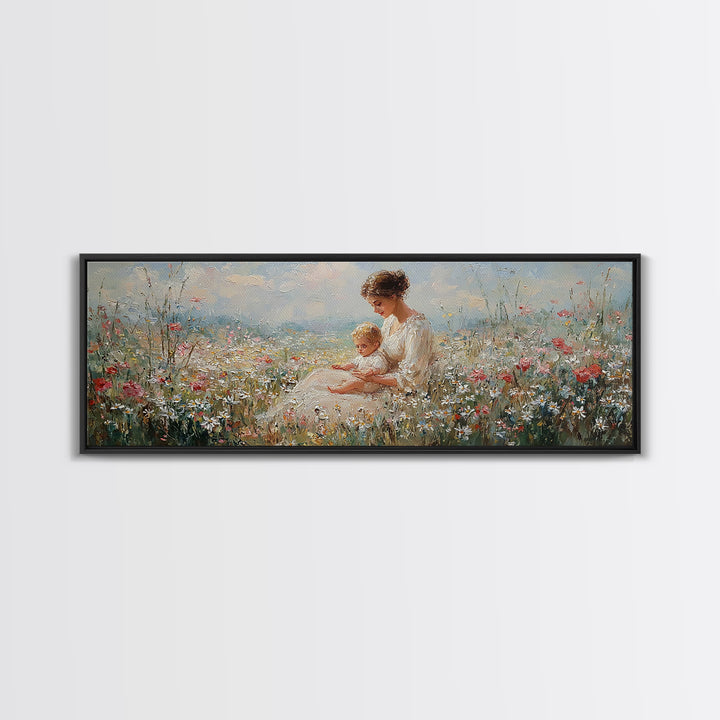 Sunlit Mother And Baby Wildflower Canvas Print, Impressionist Meadow Landscape, Feminine Nursery Wall Art Home Decor, Gift For Her