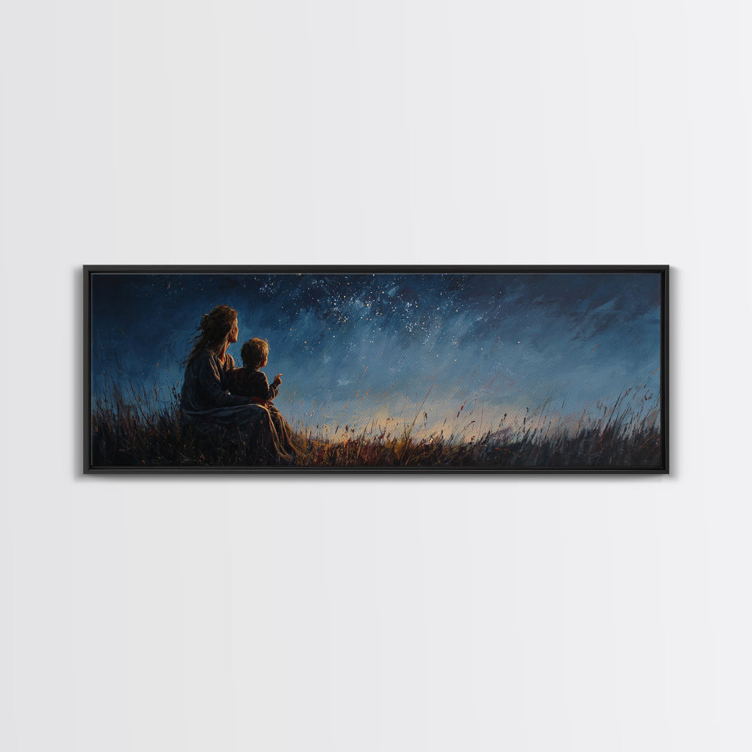 Mother And Child Under Starry Sky Wall Art, Moody Night Meadow Painting, Celestial Nursery Decor, Blue Bedroom Art, Gift For Mom