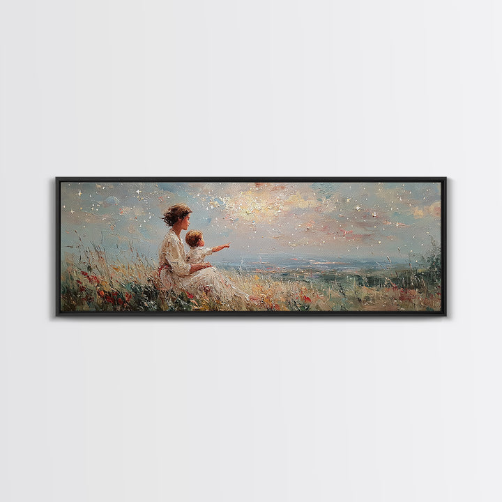 Mother And Child Pointing At Sunlit Sky Framed Canvas Print, Wildflower Meadow Landscape, Nursery Wall Art, Gift For Her
