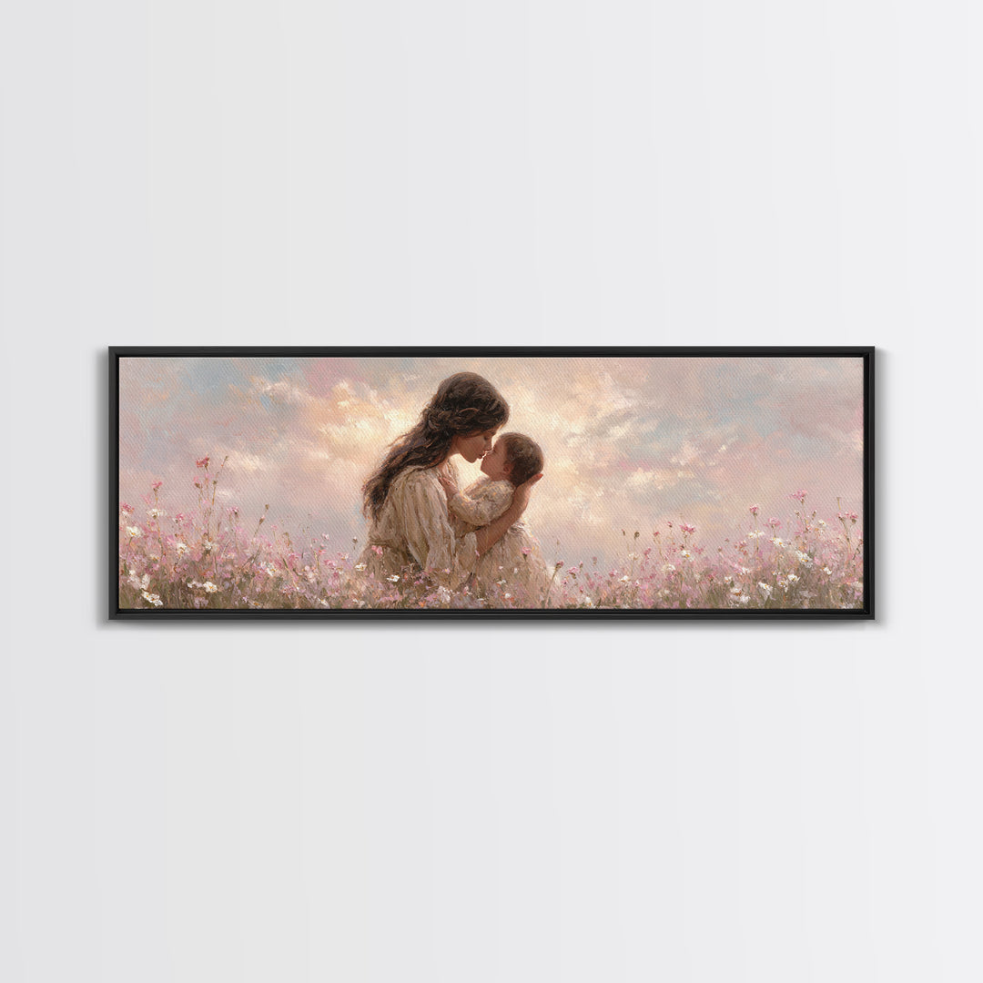 Tender Mother And Baby Kiss Canvas Print, Soft Pink Wildflower Meadow Painting, Nursery Wall Art, Feminine Home Decor, Gift For Mom