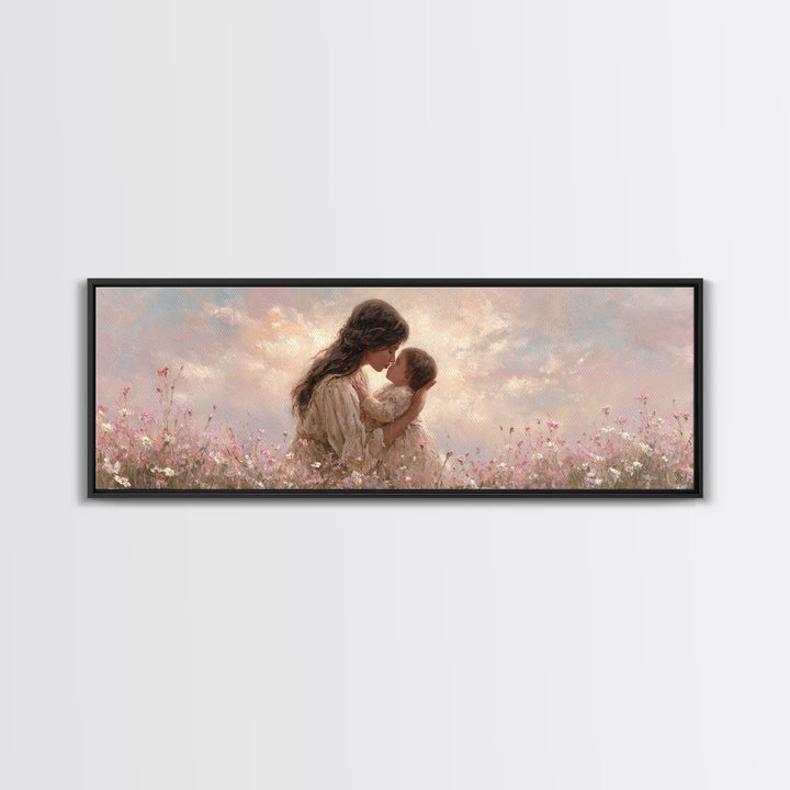 Tender Mother And Baby Kiss Canvas Print, Soft Pink Wildflower Meadow Painting, Nursery Wall Art, Feminine Home Decor, Gift For Mom