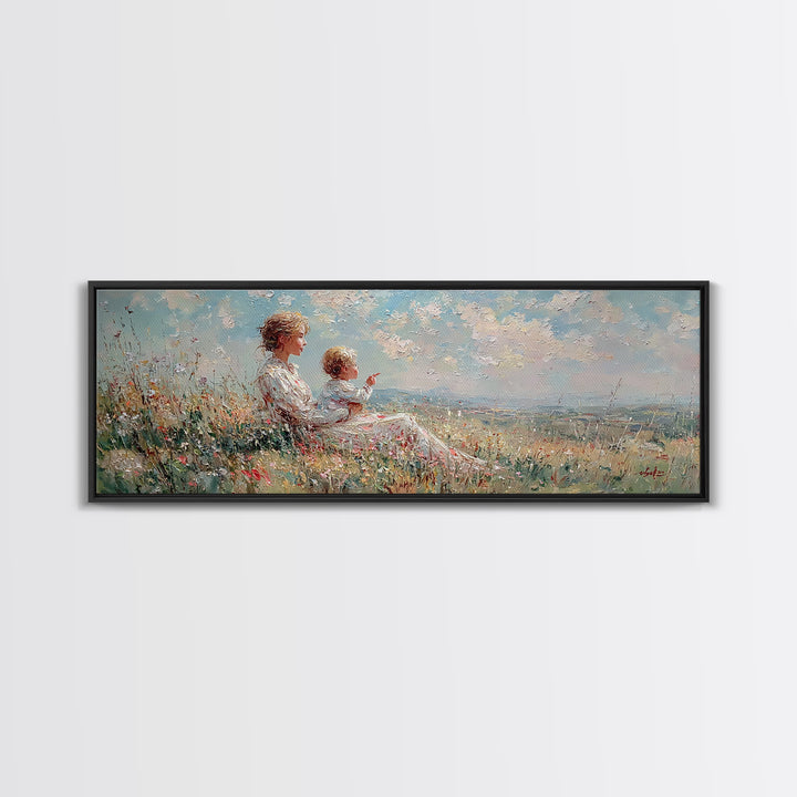 Mother And Child On Sunny Hill Framed Canvas Print, Impressionist Wildflower Landscape, Panoramic Wall Art, Nursery Decor