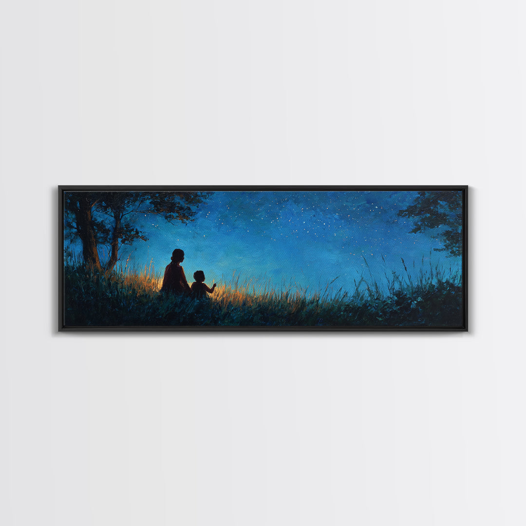 Silhouette Mother And Child Under Stars Wall Art, Moody Blue Night Landscape, Celestial Nursery Decor, Rustic Home Decor