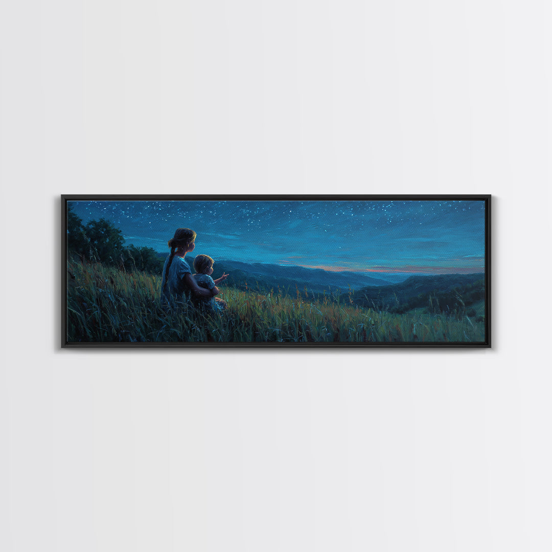 Mother And Child Over Moonlit Valley Canvas Print, Starry Blue Mountain Landscape Wall Art, Above Bed Decor, Gift For Her