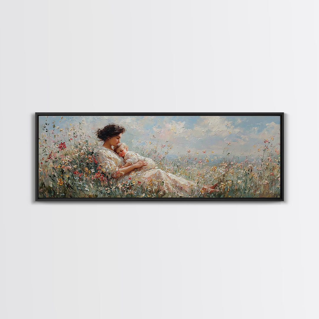 Mother And Baby In Wildflower Meadow Wall Art, Impressionist Nursery Decor, Floral Canvas Art, Gift For Mom, Bedroom Decor