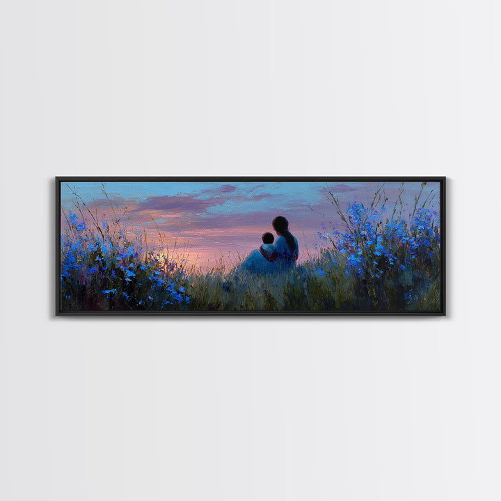 Mother And Child Silhouette At Sunset Canvas Print, Blue Meadow Wall Decor, Calming Nursery Art, Romantic Bedroom Wall Art