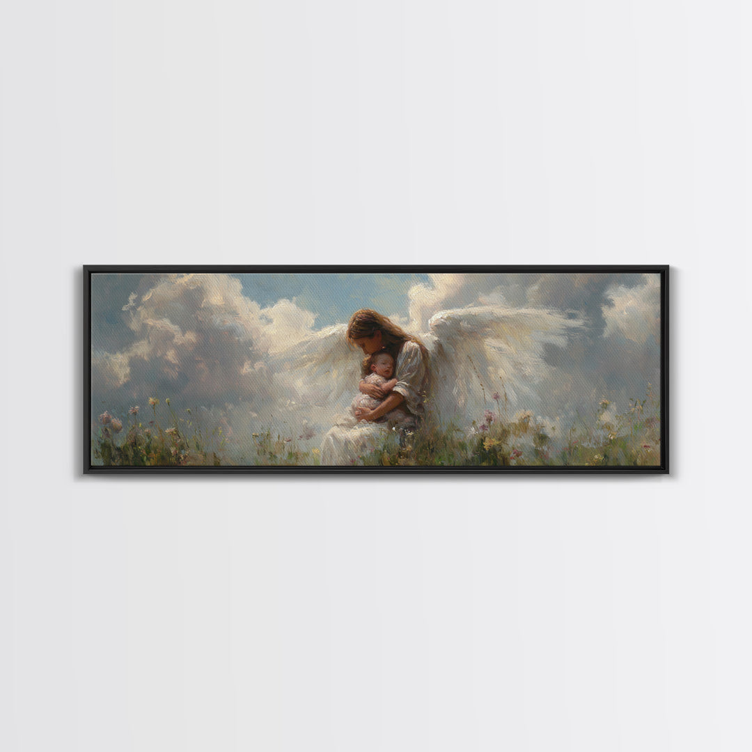 Angel Mother Cradling Baby In Cloudy Meadow Framed Canvas Print, Spiritual Nursery Wall Decor, Ethereal Art, Gift For Mom